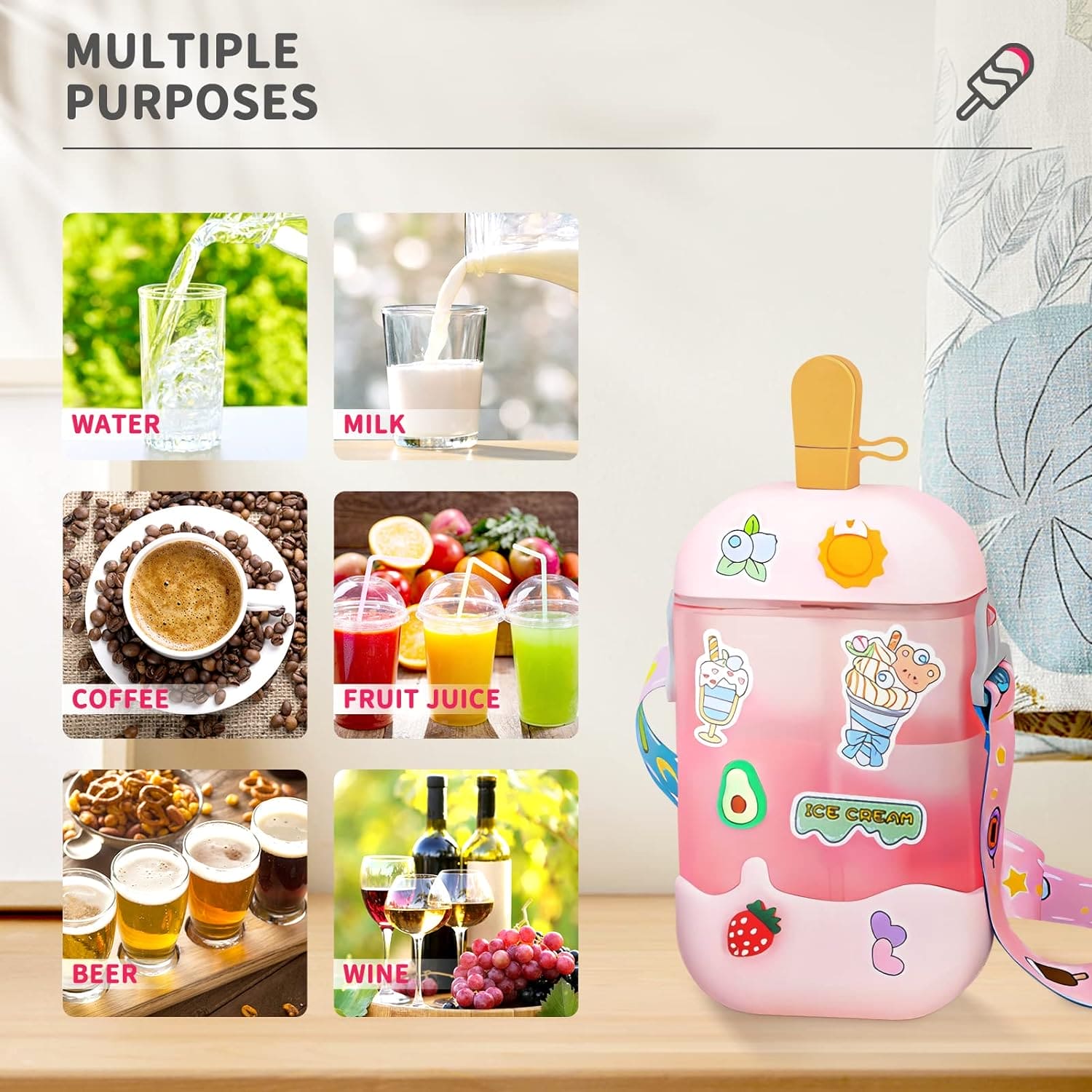 Cute Ice Cream Stick Water Bottle, Kids Leak Proof Bottle For School Nursery, 400ml Cute Plastic Water Kettle, Drinking Bottle with Straw and Strap, Easy to Carry Sports Bottles for Girls and Boys, Popsicle Water Bottle with Adjustable Shoulder Strap Cute Ice Cream Stick Water Bottle, Kids Leak Proof Bottle For School Nursery, 400ml Cute Plastic Water Kettle, Drinking Bottle with Straw and Strap, Easy to Carry Sports Bottles for Girls and Boys, Popsicle Water Bottle with Adjustable Shoulder Strap